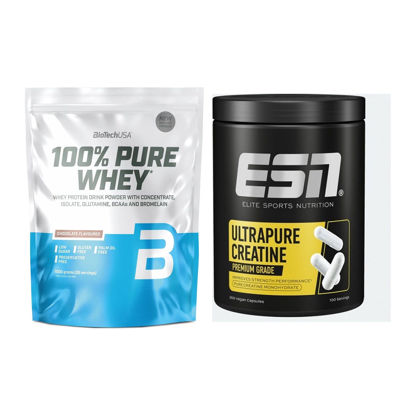 Muskelaufbau-Set: BioTech 100% Pure Whey + ESN Ultrapure Creatine – alle enthaltenen Artikel