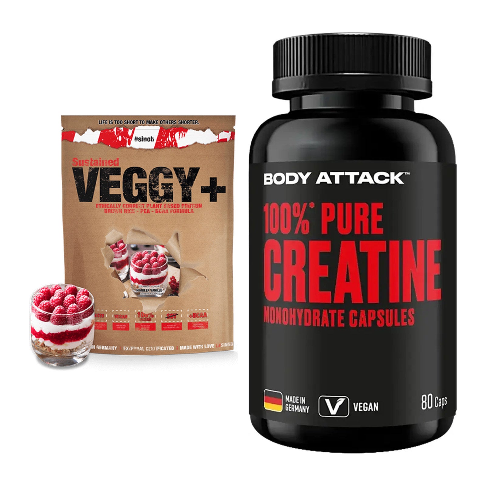 Muskelaufbau-Set: Sinob VEGGY + VEGAN + Body Attack 100% Pure – alle enthaltenen Artikel