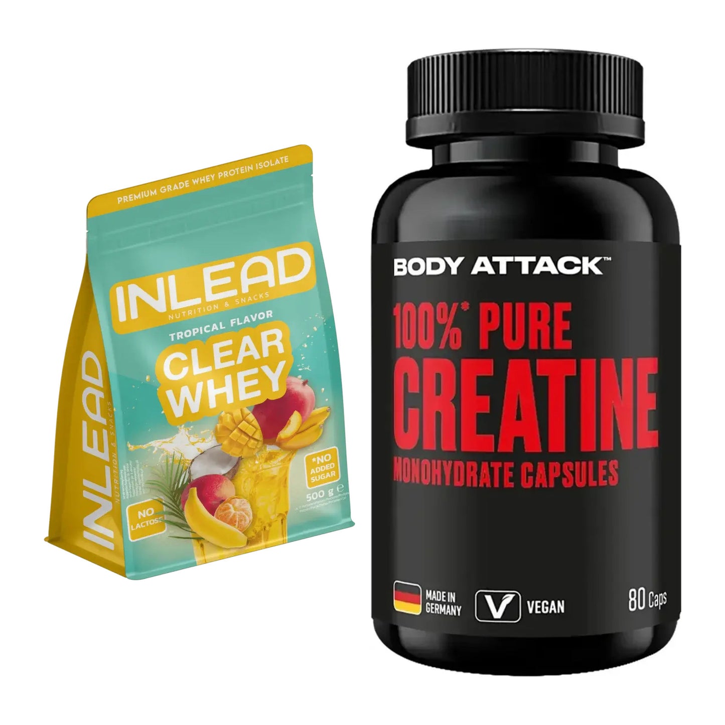 Muskelaufbau-Set: INLEAD Clear Whey + Body Attack 100% Pure – alle enthaltenen Artikel