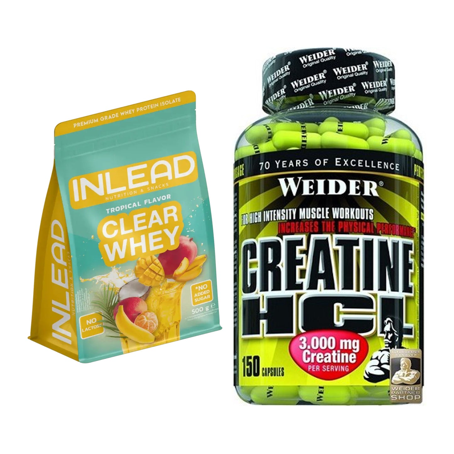 Muskelaufbau-Set: INLEAD Clear Whey Isolate + Weider Creatin HCL – alle enthaltenen Artikel