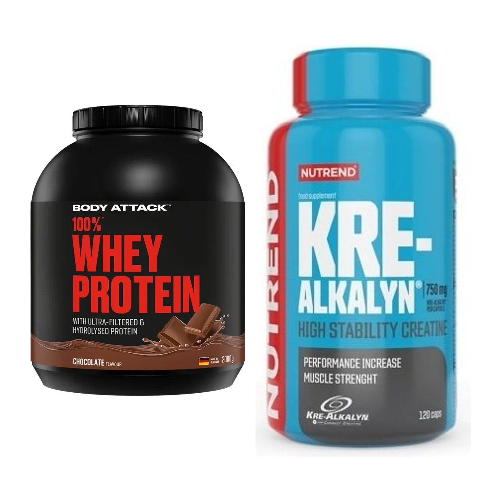 Muskelaufbau-Set: Body Attack 100% Whey Protein + Nutrend Kre-Alkalyn – alle enthaltenen Artikel