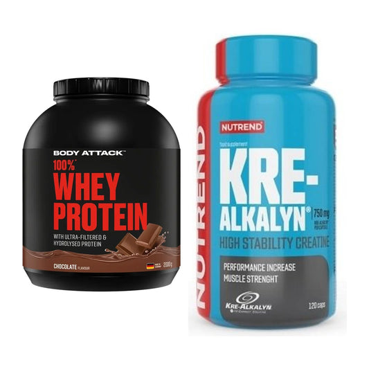 Muskelaufbau-Set: Body Attack 100% Whey Protein + Nutrend Kre-Alkalyn – alle enthaltenen Artikel