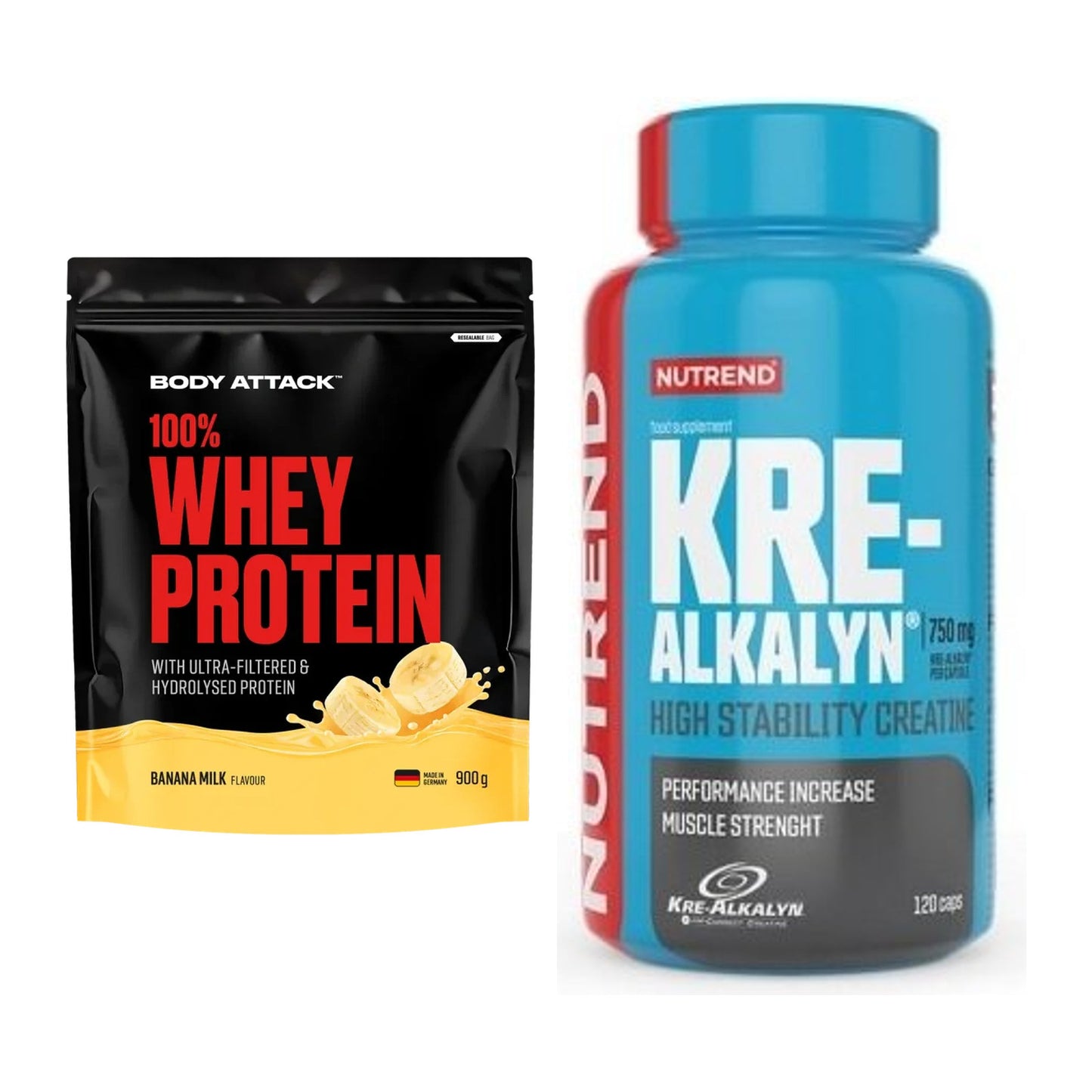 Muskelaufbau-Set: Body Attack 100% Whey + Nutrend Kre-Alkalyn – alle enthaltenen Artikel