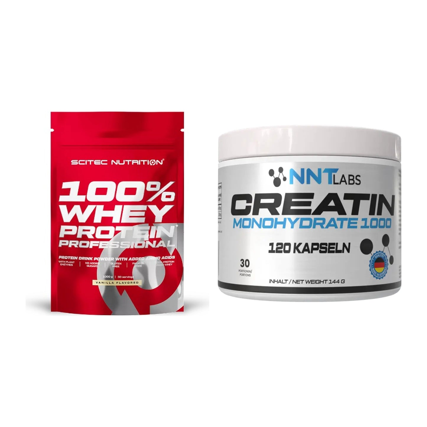 Muskelaufbau-Set: Scitec 100% Whey Protein + NNT Creatin 1000 mg – alle enthaltenen Artikel