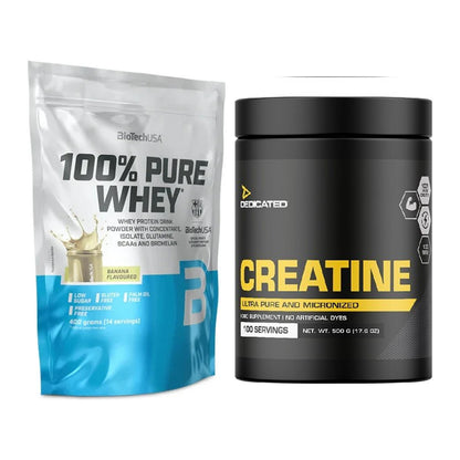 Muskelaufbau-Set: BioTech 100% Pure Whey 400g + Dedicated Creatine – alle enthaltenen Artikel
