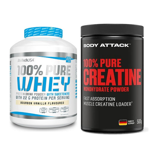 Muskelaufbau-Set: BioTech 100% Pure Whey + Body Attack 100% Pure – alle enthaltenen Artikel