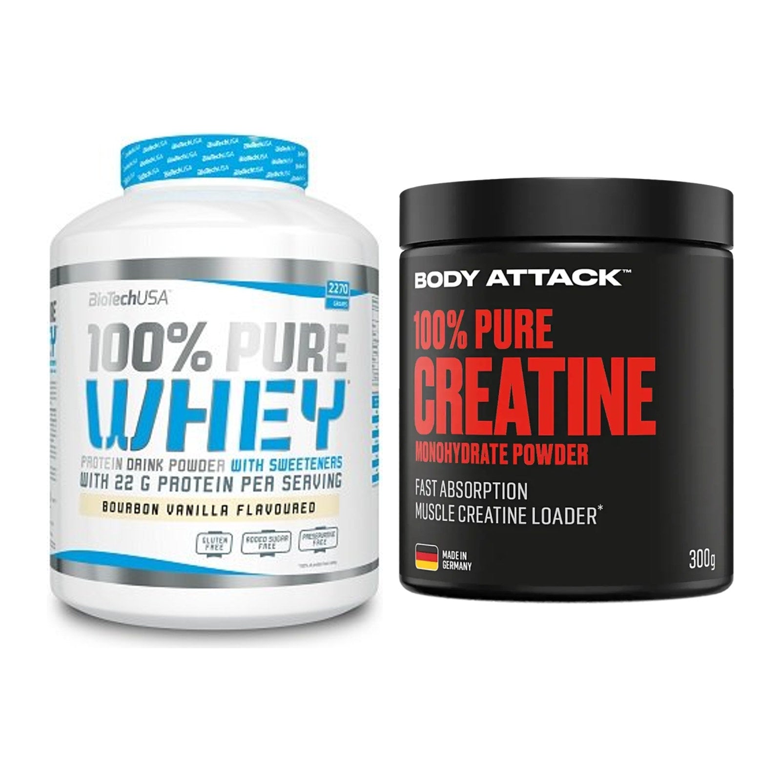 Muskelaufbau-Set: BioTech 100% Pure Whey + Body Attack 100% Pure – alle enthaltenen Artikel