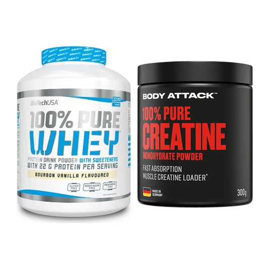Muskelaufbau-Set: BioTech 100% Pure Whey + Body Attack 100% Pure – alle enthaltenen Artikel