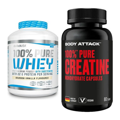 Muskelaufbau-Set: BioTech 100% Pure Whey + Body Attack 100% Pure – alle enthaltenen Artikel