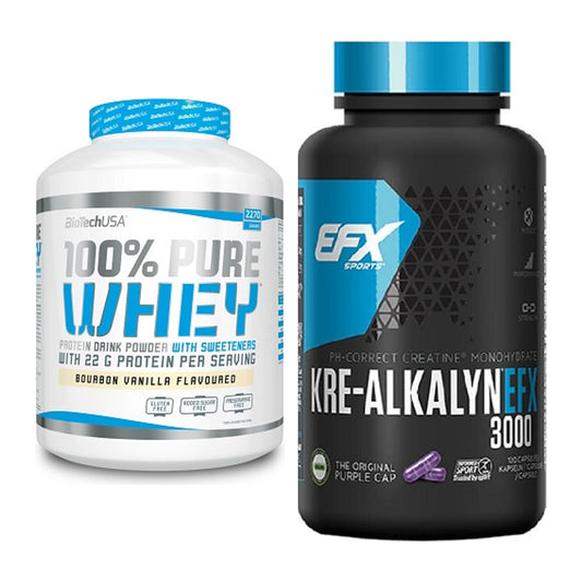 Muskelaufbau-Set: BioTech 100% Pure Whey + EFX Kre-Alkalyn 3000 – alle enthaltenen Artikel