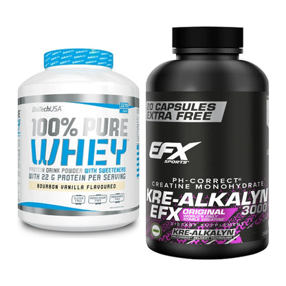 Muskelaufbau-Set: BioTech 100% Pure Whey + EFX Kre-Alkalyn 3000 – alle enthaltenen Artikel