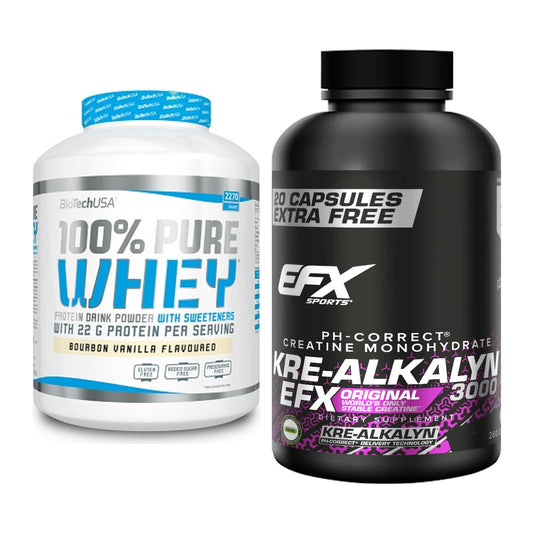 Muskelaufbau-Set: BioTech 100% Pure Whey + EFX Kre-Alkalyn 3000 – alle enthaltenen Artikel
