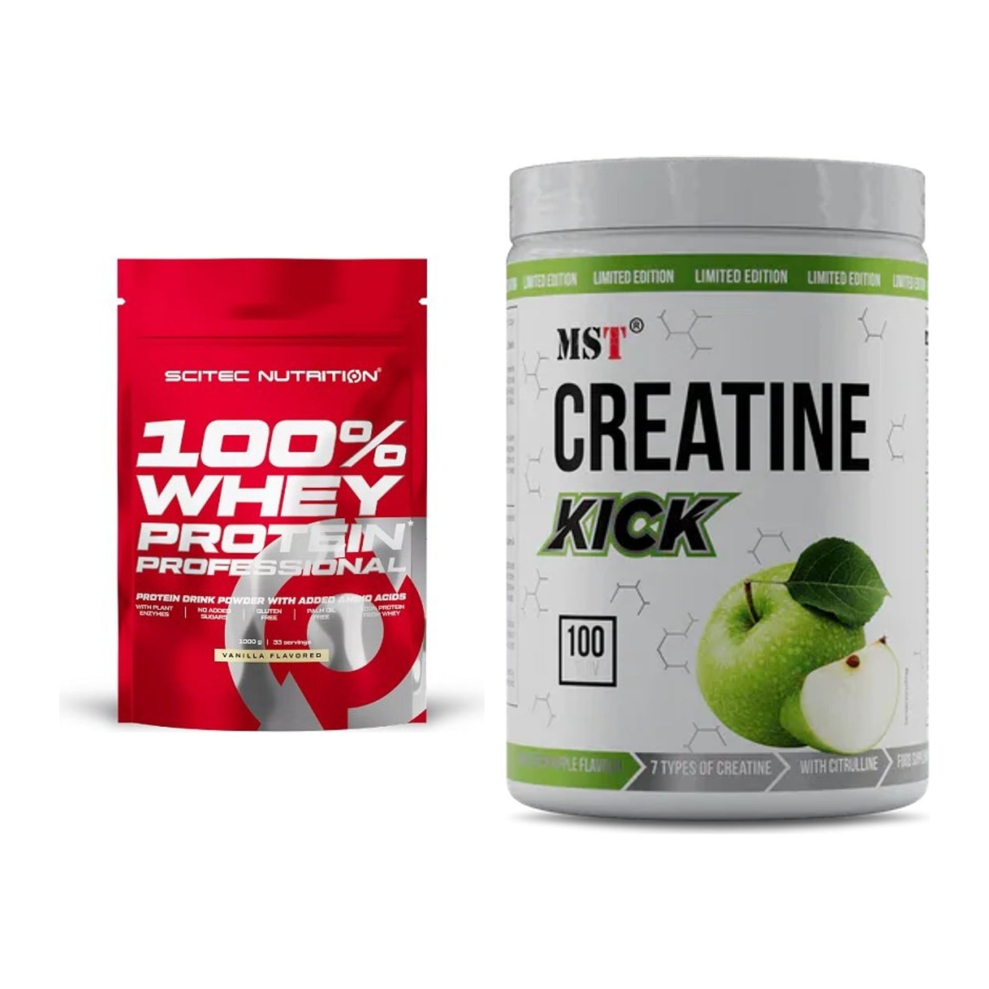 Muskelaufbau-Set: Scitec 100% Whey Protein + MST Creatine Kick 1000g – alle enthaltenen Artikel
