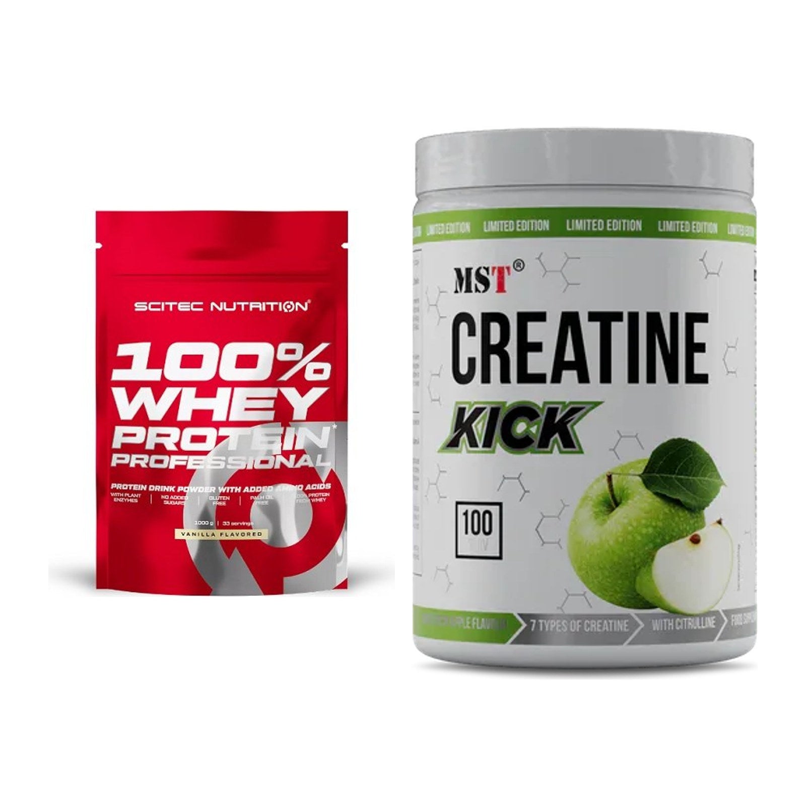 Muskelaufbau-Set: Scitec 100% Whey Protein + MST Creatine Kick 1000g – alle enthaltenen Artikel