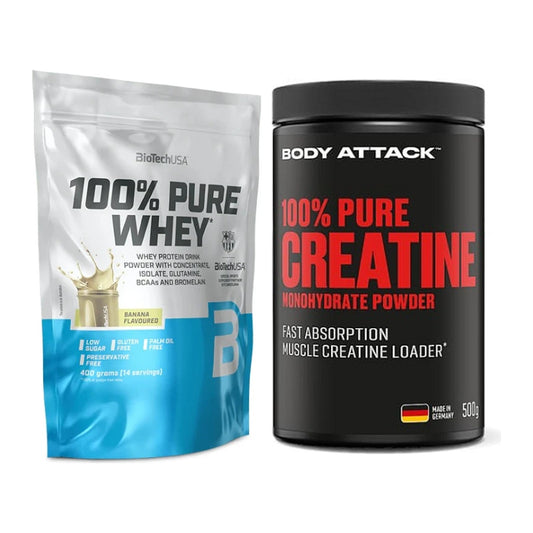 Muskelaufbau-Set: BioTech 100% Pure Whey + Body Attack 100% Pure – alle enthaltenen Artikel