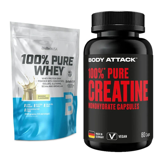 Muskelaufbau-Set: BioTech 100% Pure Whey + Body Attack 100% Pure – alle enthaltenen Artikel