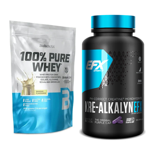 Muskelaufbau-Set: BioTech 100% Pure Whey 400g + EFX Kre-Alkalyn – alle enthaltenen Artikel
