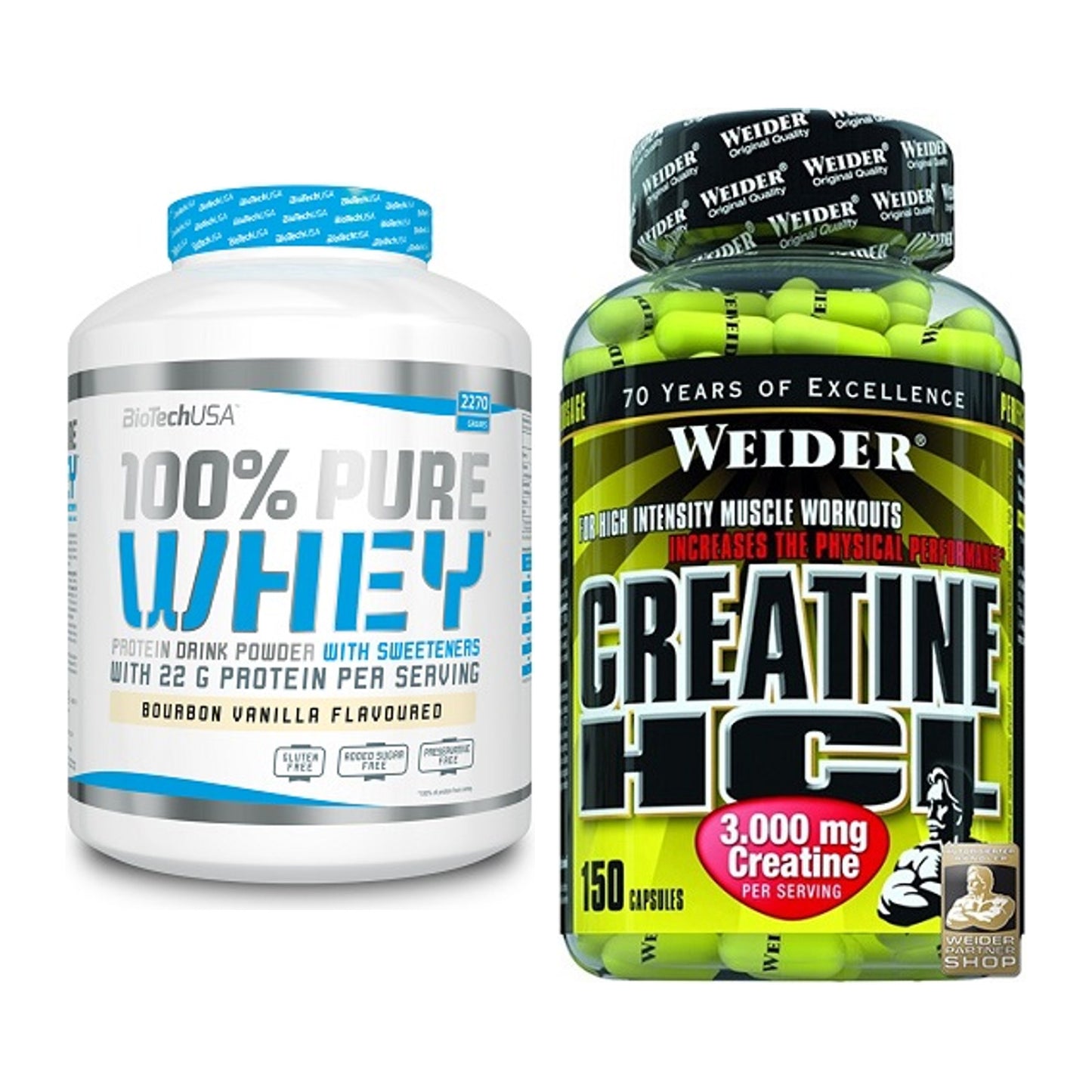 Muskelaufbau-Set: BioTech 100% Pure Whey + Weider Creatin HCL – alle enthaltenen Artikel