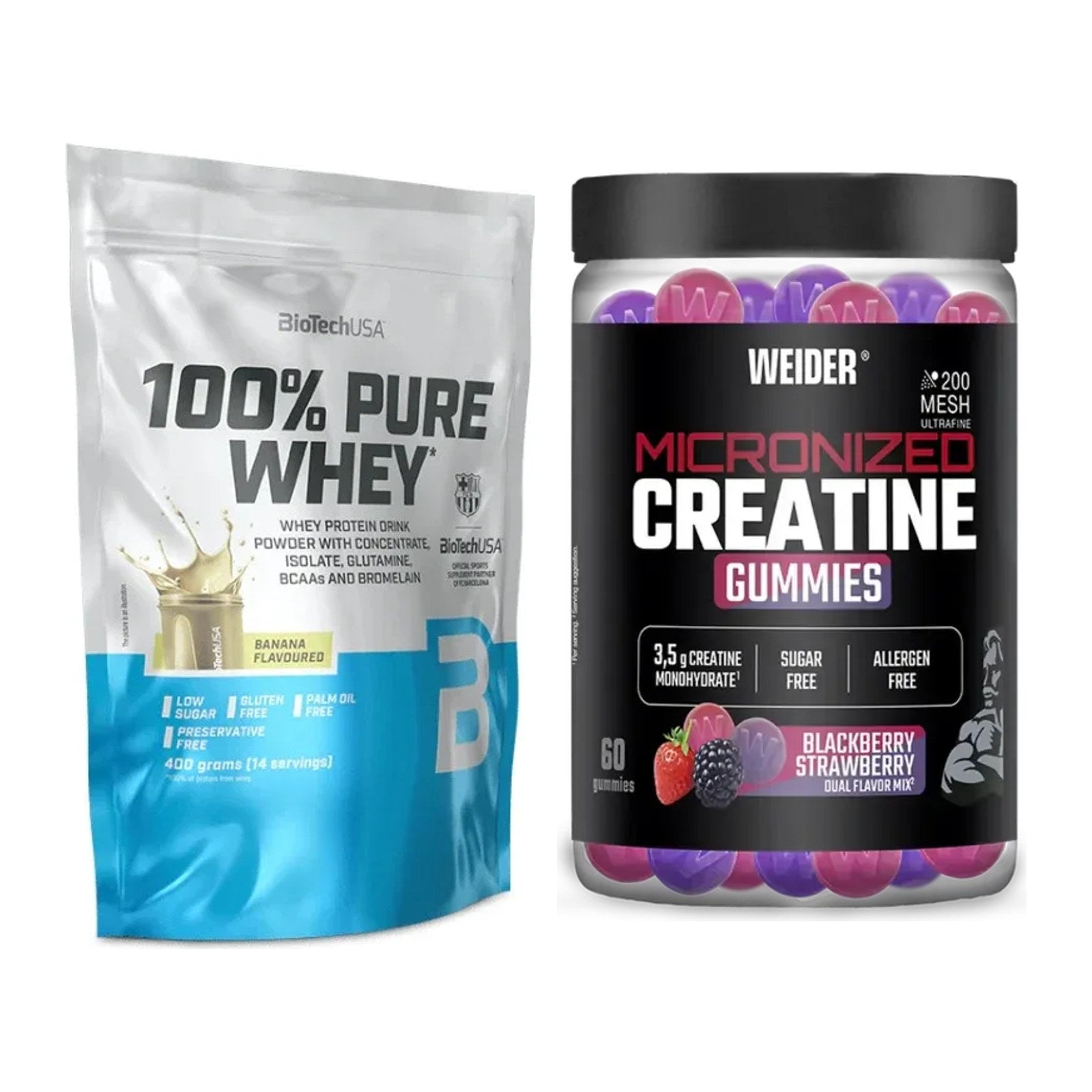 Muskelaufbau-Set: BioTech 100% Pure Whey + Weider Micronized – alle enthaltenen Artikel