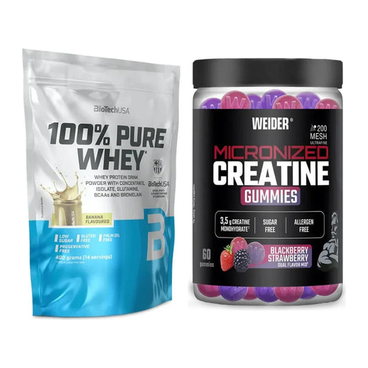 Muskelaufbau-Set: BioTech 100% Pure Whey + Weider Micronized – alle enthaltenen Artikel