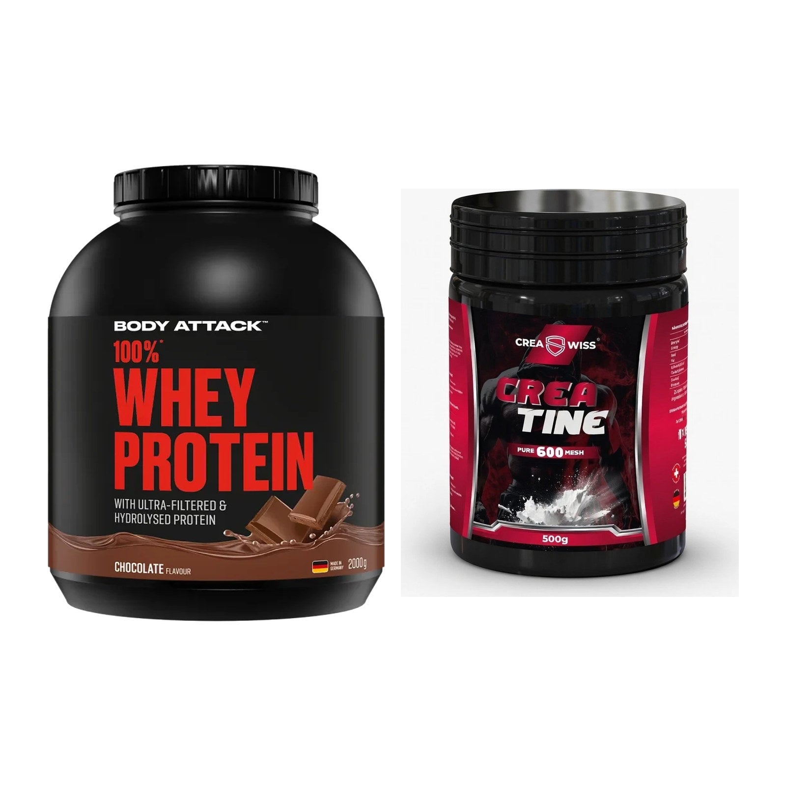 Muskelaufbau-Set: Body Attack 100% Whey + CREASWISS Creatine 600 – alle enthaltenen Artikel