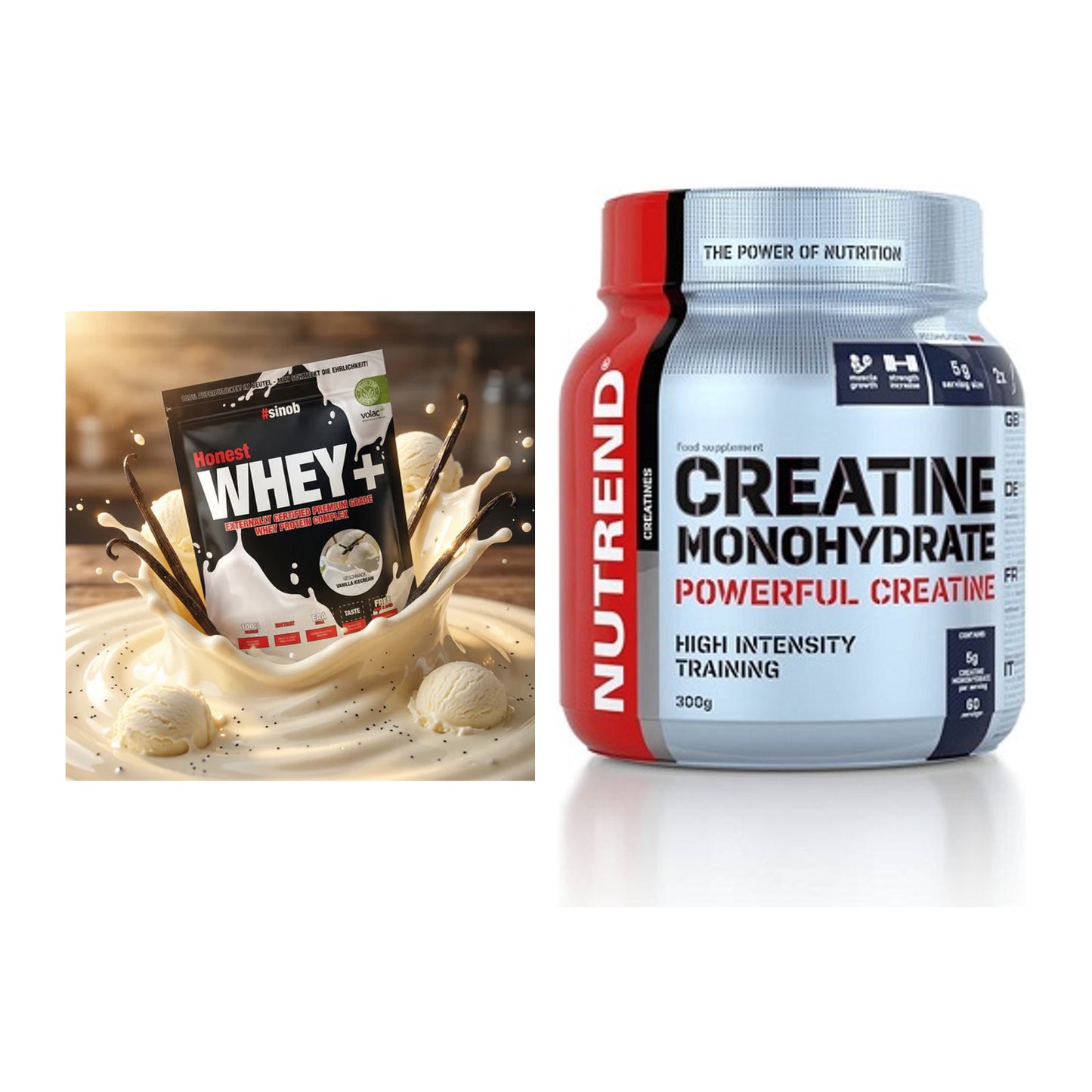 Muskelaufbau-Set: Sinob Honest Whey+ + Nutrend Creatine Monohydrate – alle enthaltenen Artikel