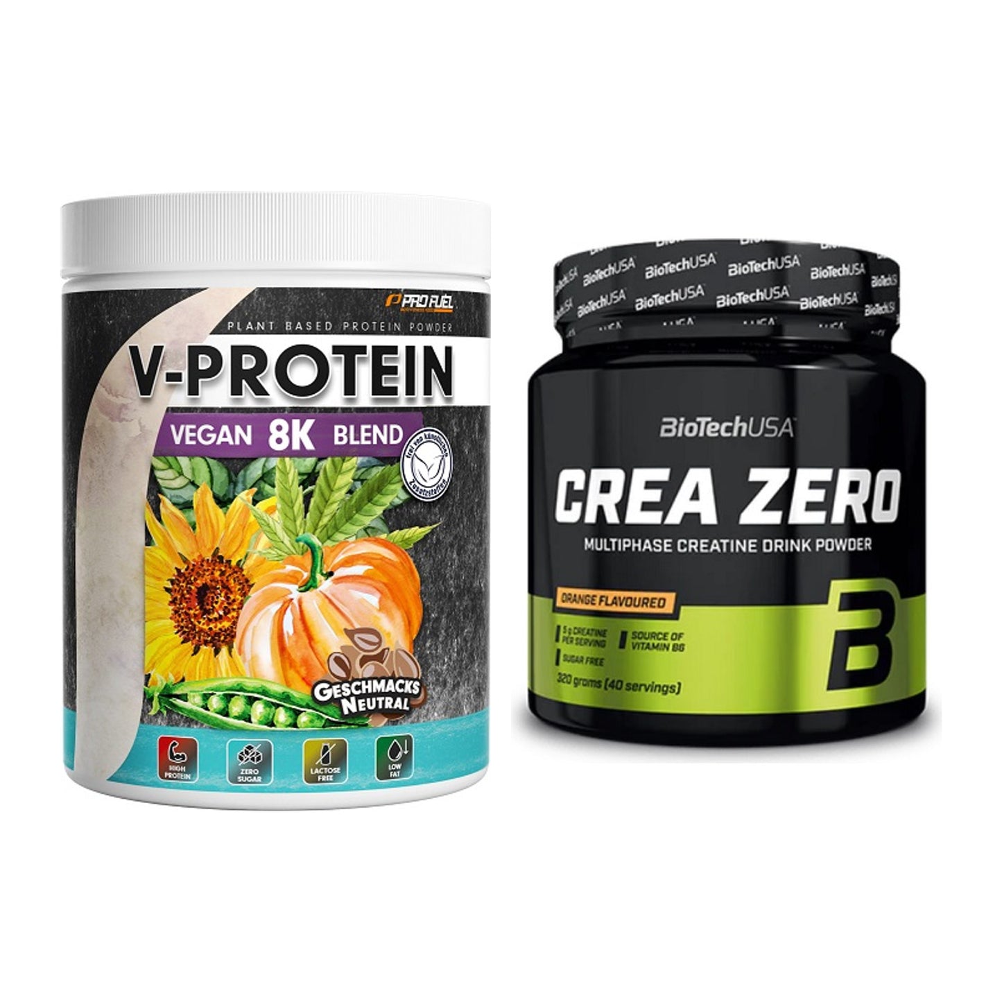 Muskelaufbau-Set: ProFuel V-Protein Vegan 8K Blend + BioTech Crea Zero – alle enthaltenen Artikel
