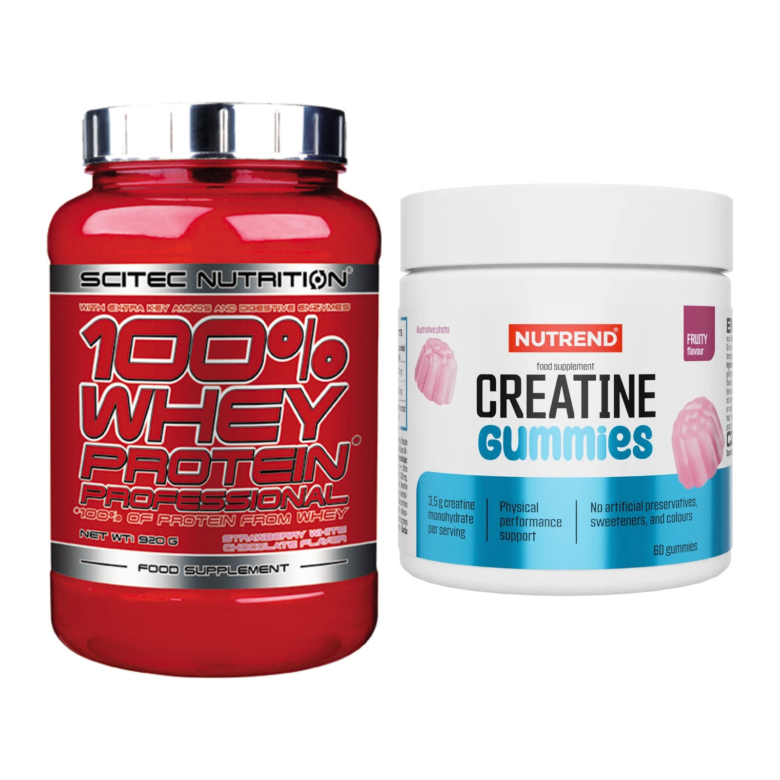 Muskelaufbau-Set: Scitec 100% Whey + Nutrend Creatine Gummies – alle enthaltenen Artikel