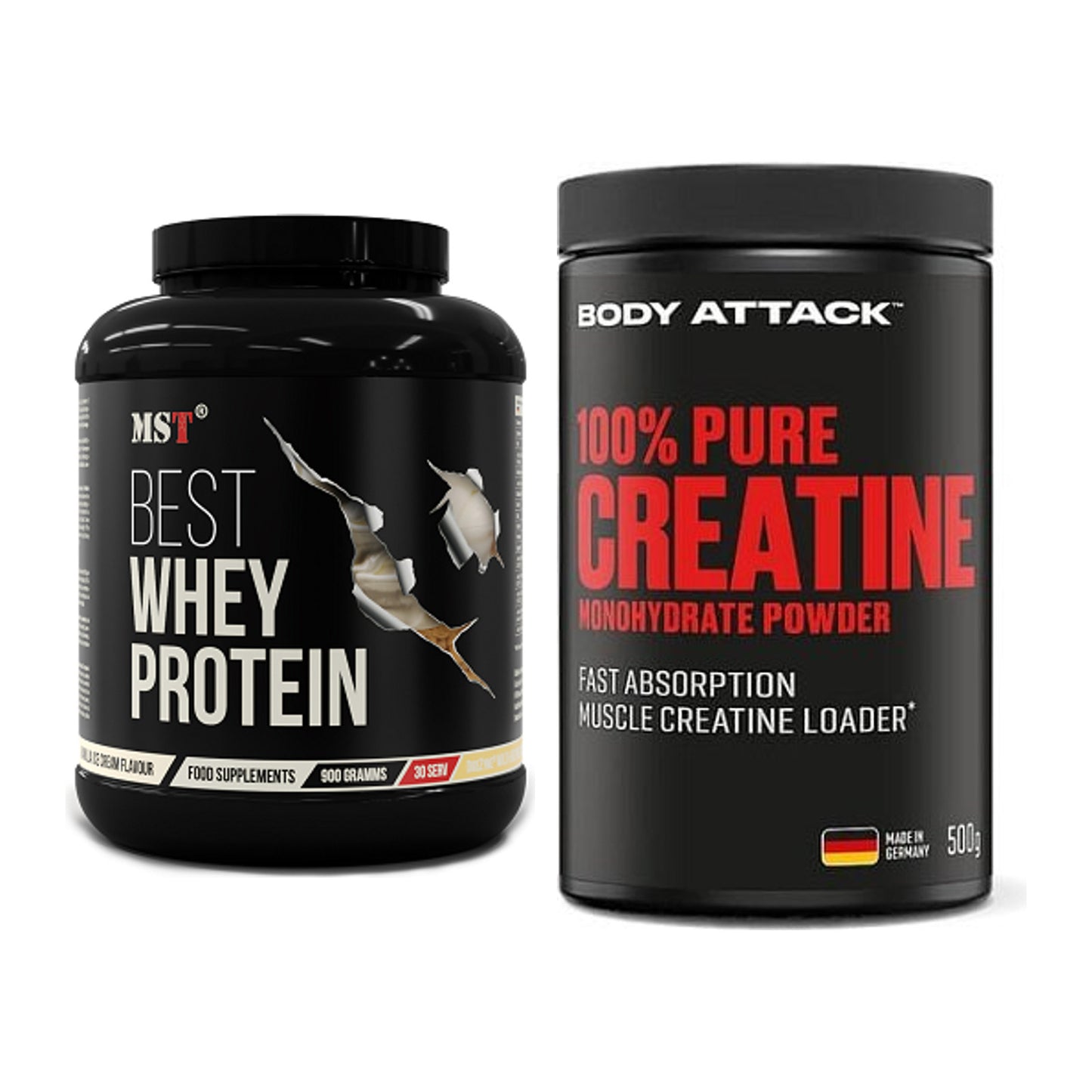 Muskelaufbau-Set: MST Best Whey Protein + Body Attack 100% Pure – alle enthaltenen Artikel