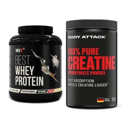 Muskelaufbau-Set: MST Best Whey Protein + Body Attack 100% Pure – alle enthaltenen Artikel