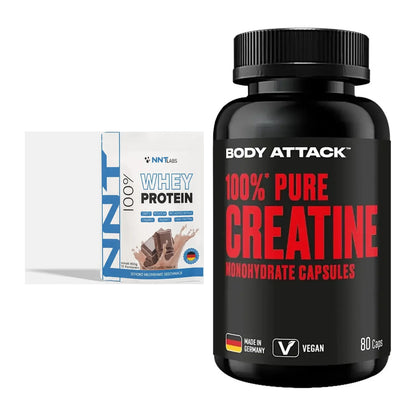 Muskelaufbau-Set: NNT Whey 450g (Erdbeer) + Body Attack 100% Pure – alle enthaltenen Artikel