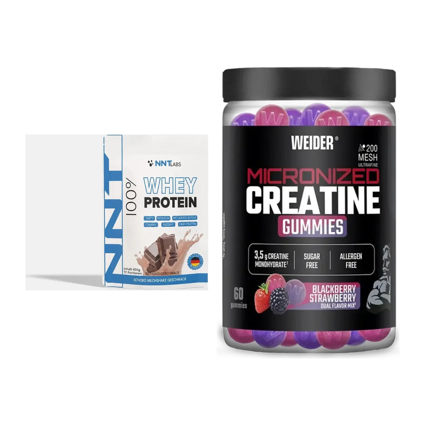 Muskelaufbau-Set: NNT Whey 450g (Erdbeer) + Weider Micronized – alle enthaltenen Artikel