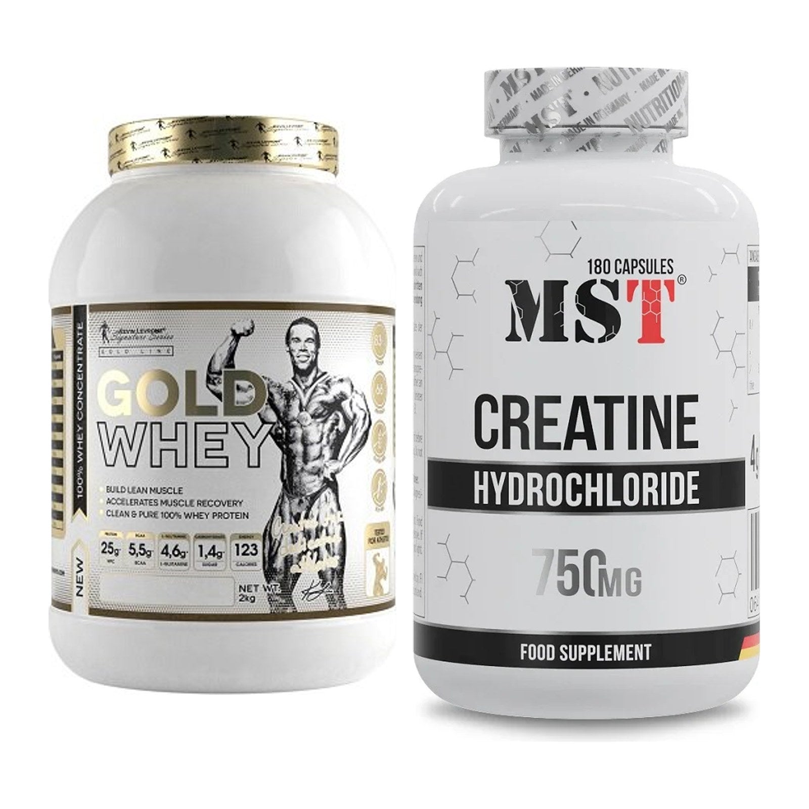 Muskelaufbau-Set: Kevin Levrone Gold Whey 2 kg + MST Creatine HCL – alle enthaltenen Artikel