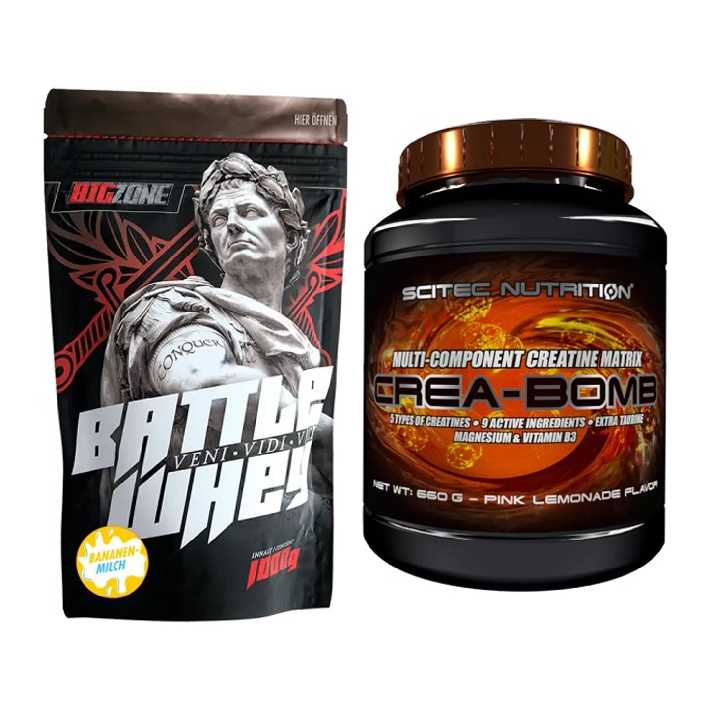 Muskelaufbau-Set: Big Zone Battle Whey + Scitec Crea-Bomb – alle enthaltenen Artikel