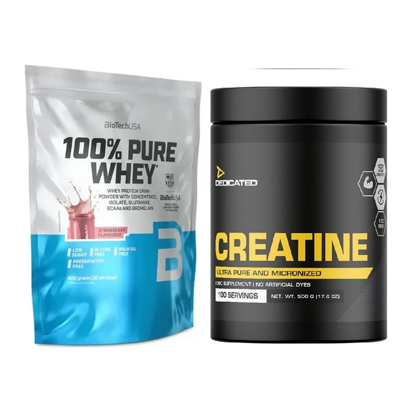 Muskelaufbau-Set: BioTech 100% Pure Whey 900g + Dedicated Creatine – alle enthaltenen Artikel