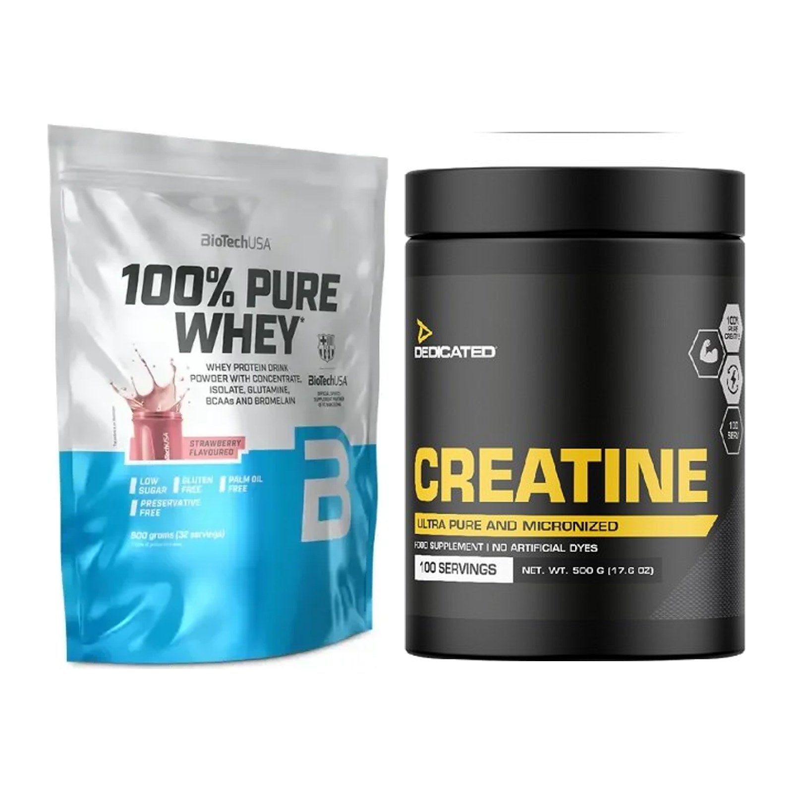 Muskelaufbau-Set: BioTech 100% Pure Whey 900g + Dedicated Creatine – alle enthaltenen Artikel