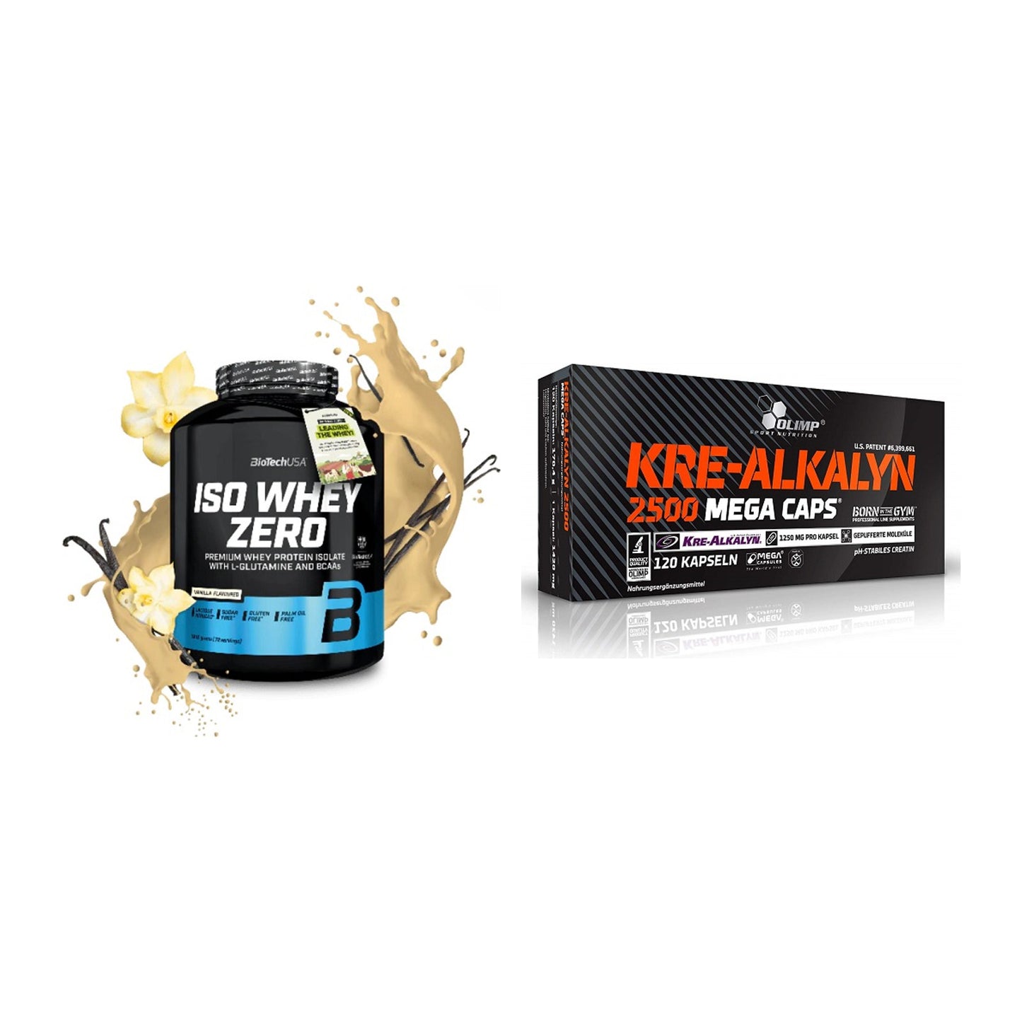 Muskelaufbau-Set: BioTech Iso Whey Zero + Olimp Kre Alkalyn 2500 – alle enthaltenen Artikel