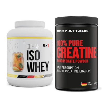 Комплект за изграждане на мускули: MST Iso Clear 900g + Body Attack 100% Pure - всички включени артикули