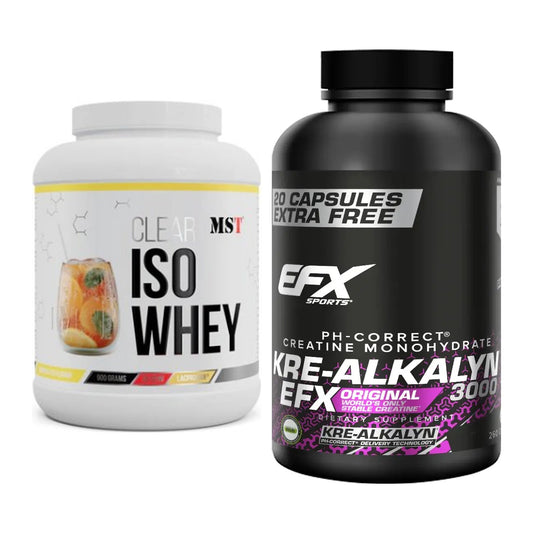 Muskelaufbau-Set: MST Iso Clear 900g + EFX Kre-Alkalyn 3000 – alle enthaltenen Artikel