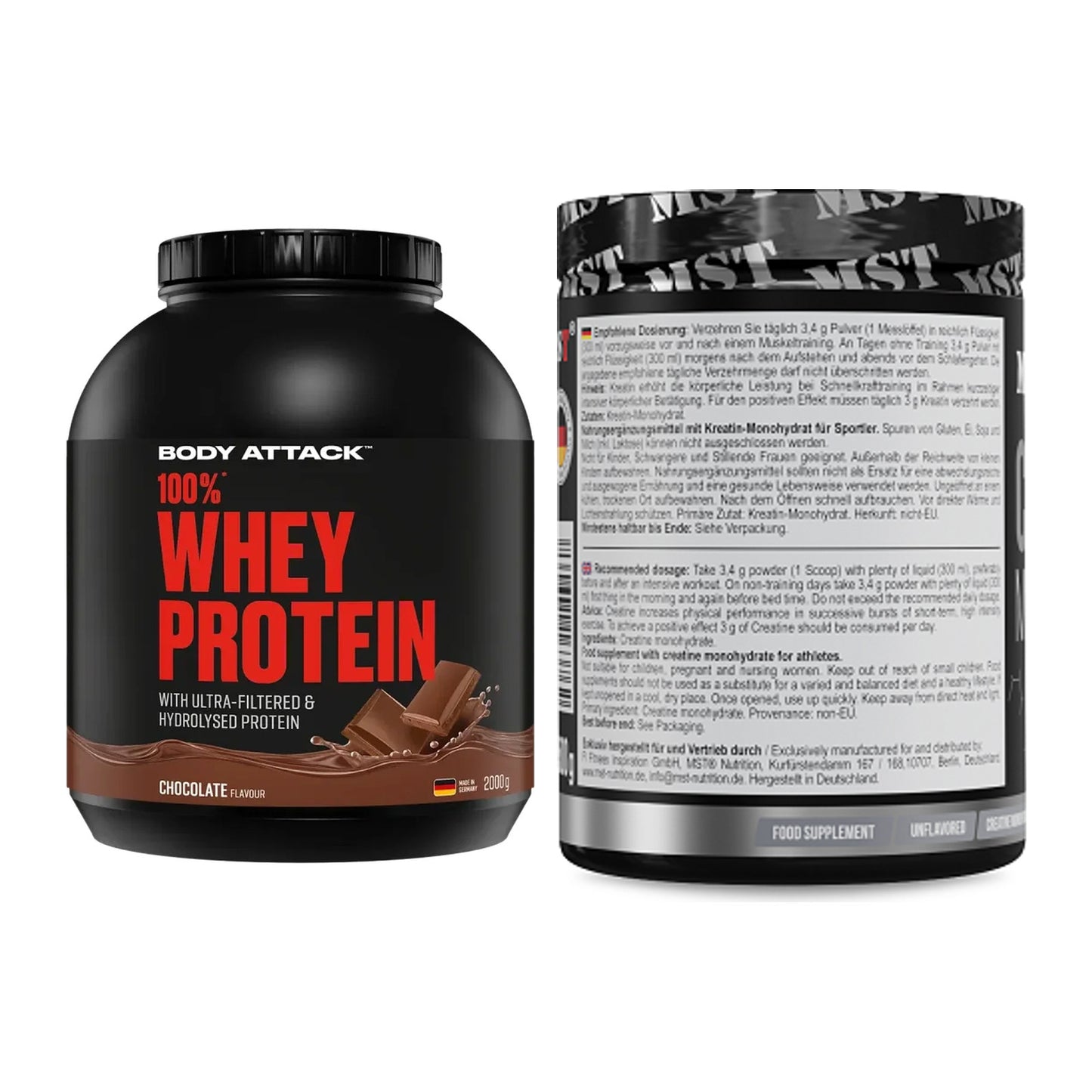 Muskelaufbau-Set: Body Attack 100% Whey + MST Creatin Monohydrate – alle enthaltenen Artikel