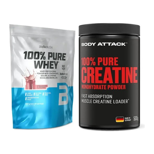 Zestaw do budowy mięśni: BioTech 100% Pure Whey + Body Attack 100% Pure - wszystkie elementy w zestawie