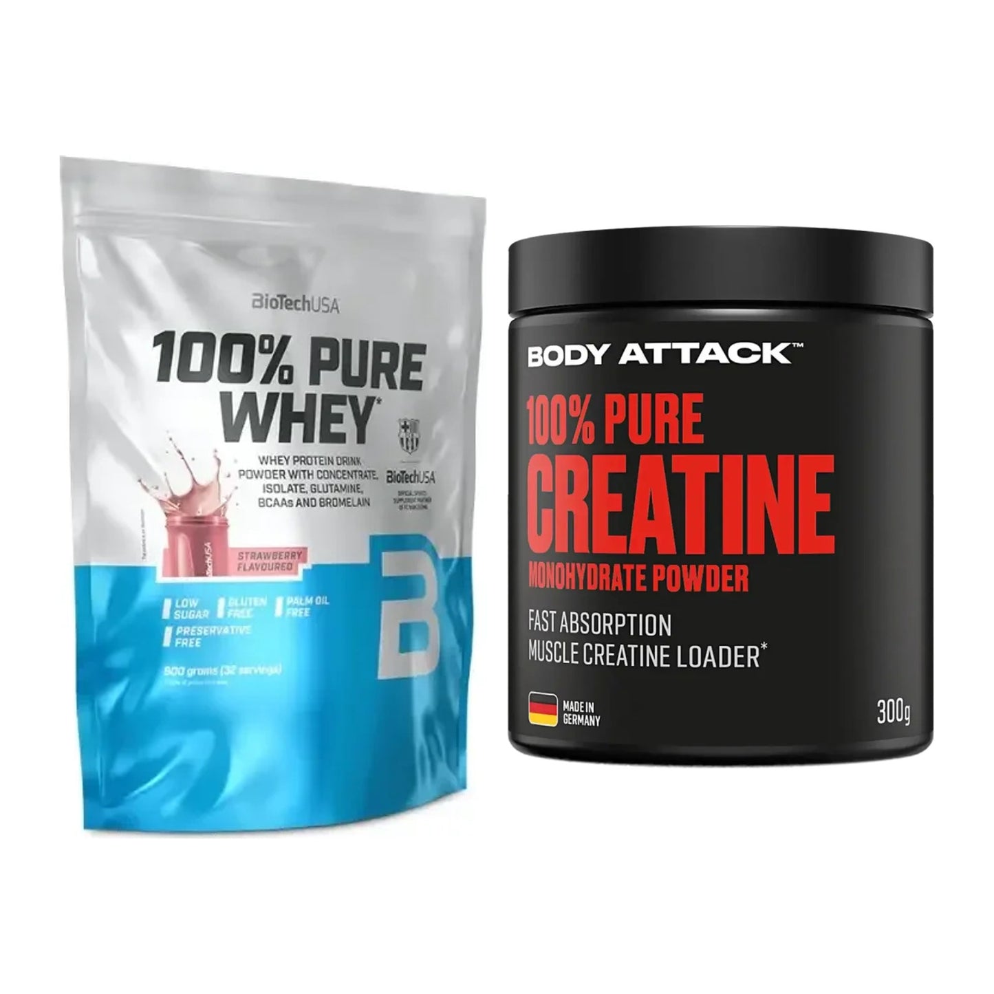 Muskelaufbau-Set: BioTech 100% Pure Whey + Body Attack 100% Pure – alle enthaltenen Artikel
