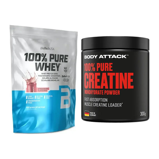 Muskelaufbau-Set: BioTech 100% Pure Whey + Body Attack 100% Pure – alle enthaltenen Artikel