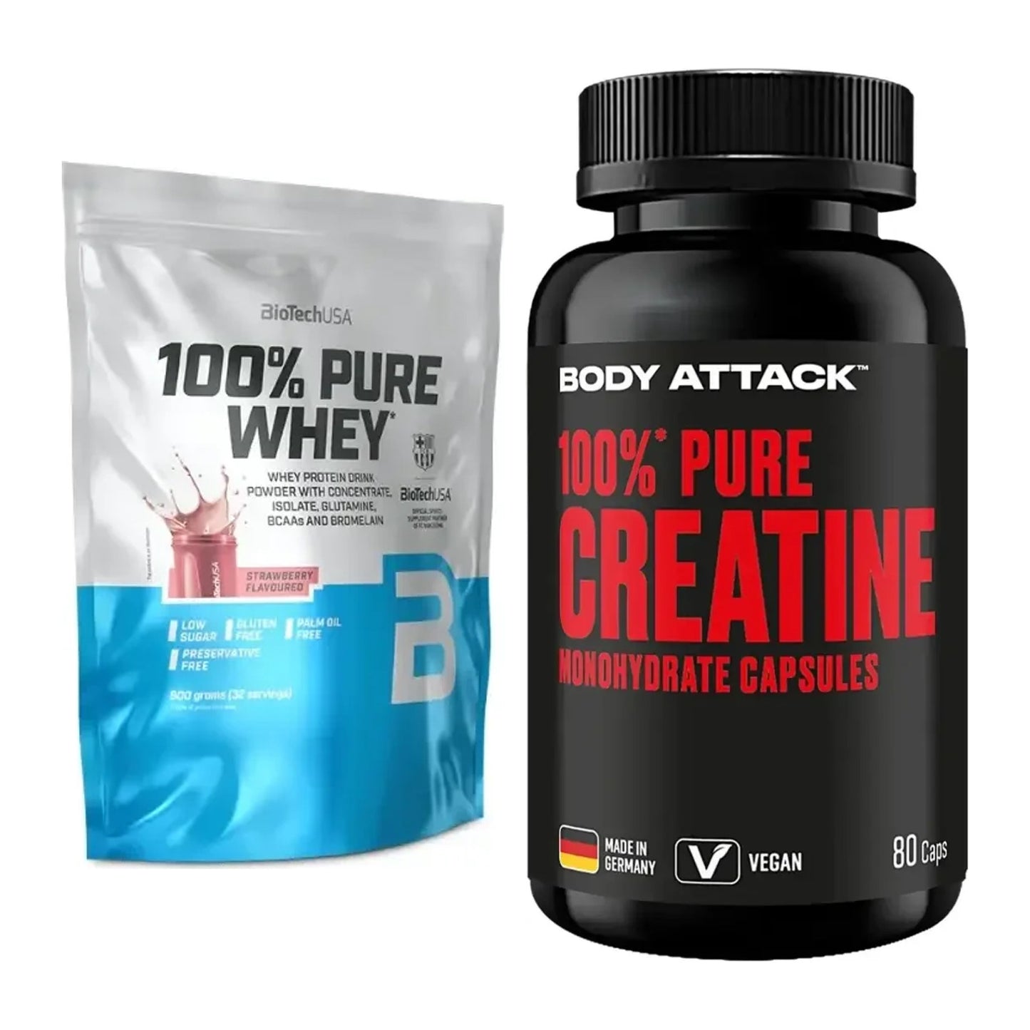 Muskelaufbau-Set: BioTech 100% Pure Whey + Body Attack 100% Pure – alle enthaltenen Artikel