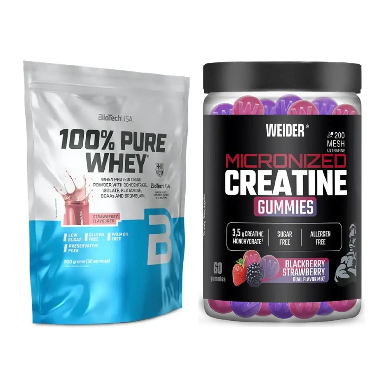 Muskelaufbau-Set: BioTech 100% Pure Whey + Weider Micronized – alle enthaltenen Artikel