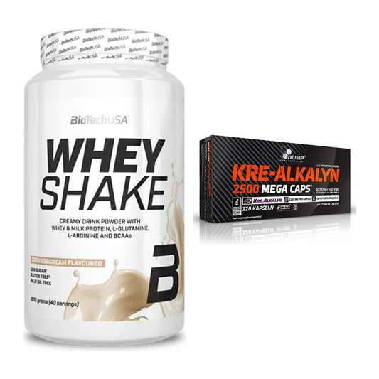 Muskelaufbau-Set: BioTech Whey Shake + Olimp Kre Alkalyn 2500 – alle enthaltenen Artikel