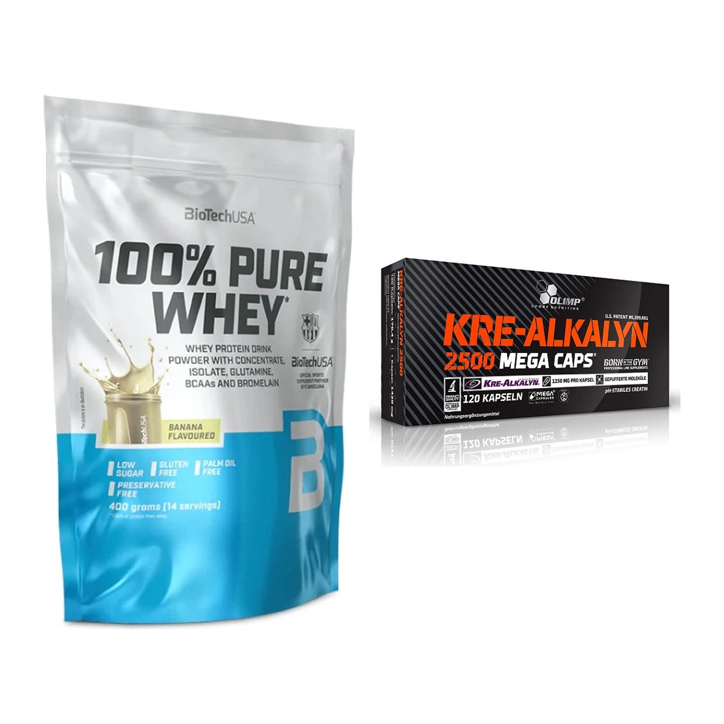 Muskelaufbau-Set: BioTech 100% Pure Whey + Olimp Kre Alkalyn 2500 – alle enthaltenen Artikel