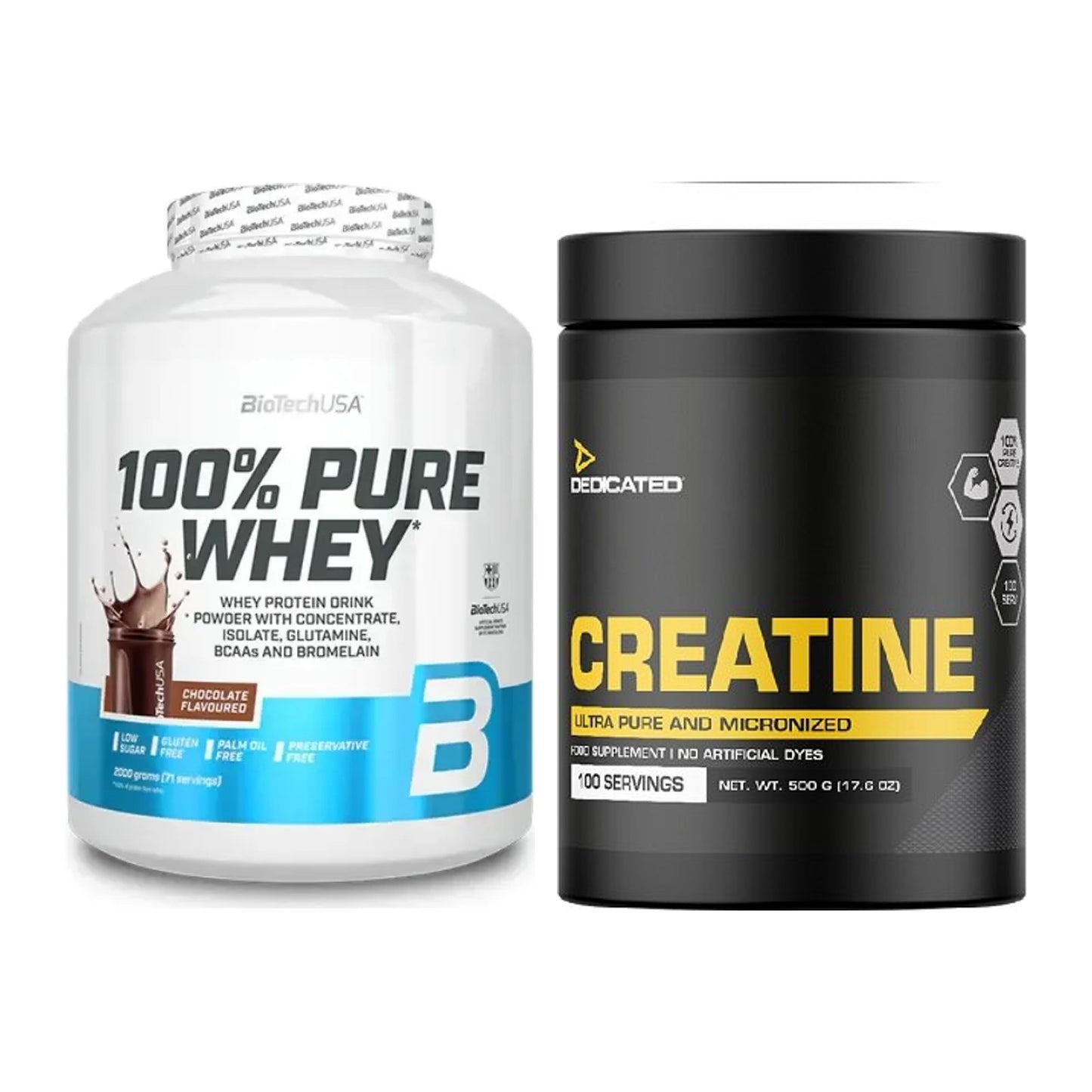Muskelaufbau-Set: BioTech 100% Pure Whey 2000g + Dedicated Creatine – alle enthaltenen Artikel