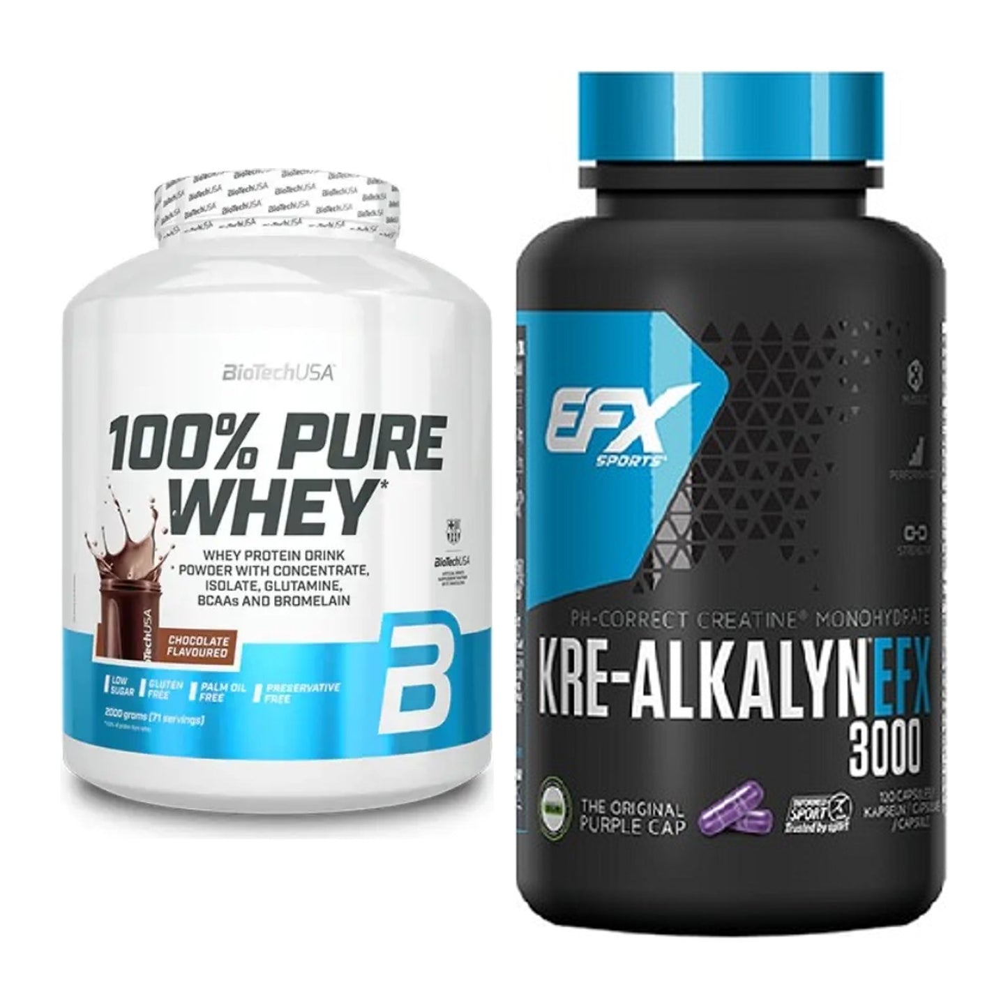 Muskelaufbau-Set: BioTech 100% Pure Whey + EFX Kre-Alkalyn 3000 – alle enthaltenen Artikel