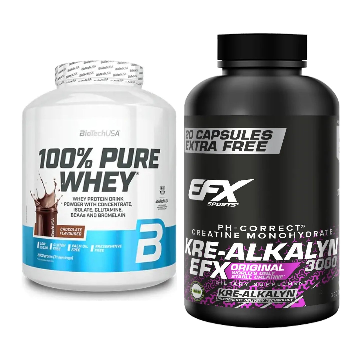 Muskelaufbau-Set: BioTech 100% Pure Whey + EFX Kre-Alkalyn 3000 – alle enthaltenen Artikel